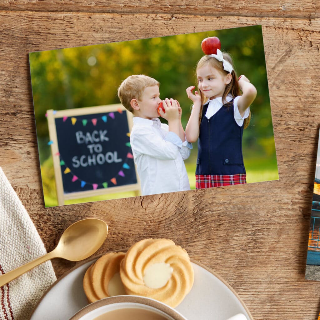 Create and share multiple prints of your children in their school gear or uniforms with playful props.