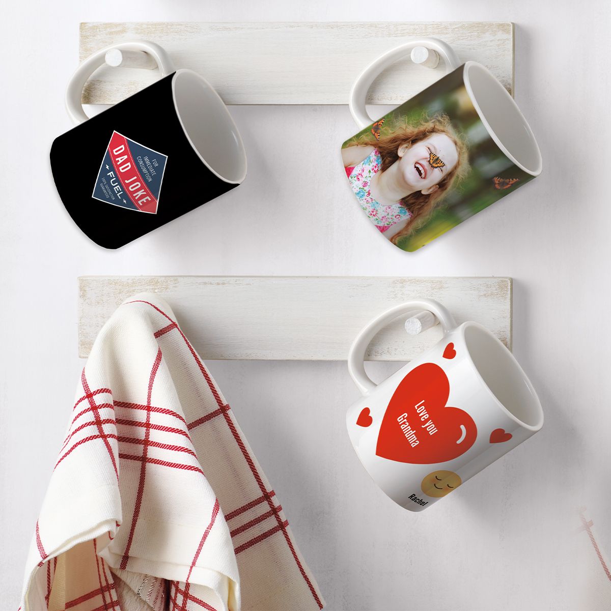 Personalise mugs to suit your decor. Add photos and text.