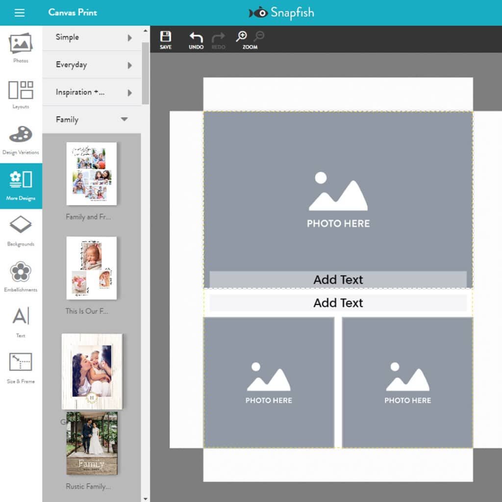 Choosing  a design from Snapfish online canvas builder 