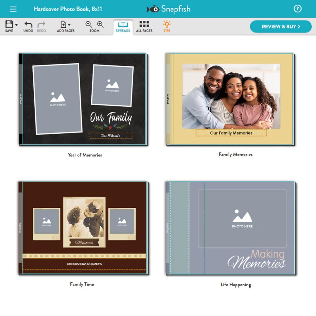a variety of photo books designs shown in the Snapfish online photo books builder