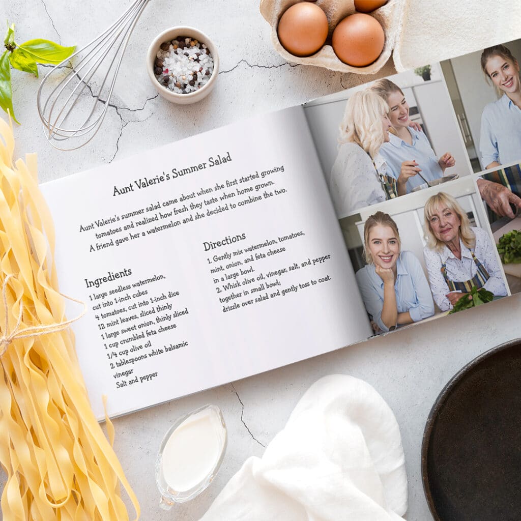 Create a photo book with photos and text. Scan in old handwritten recipes to make a keepsake album