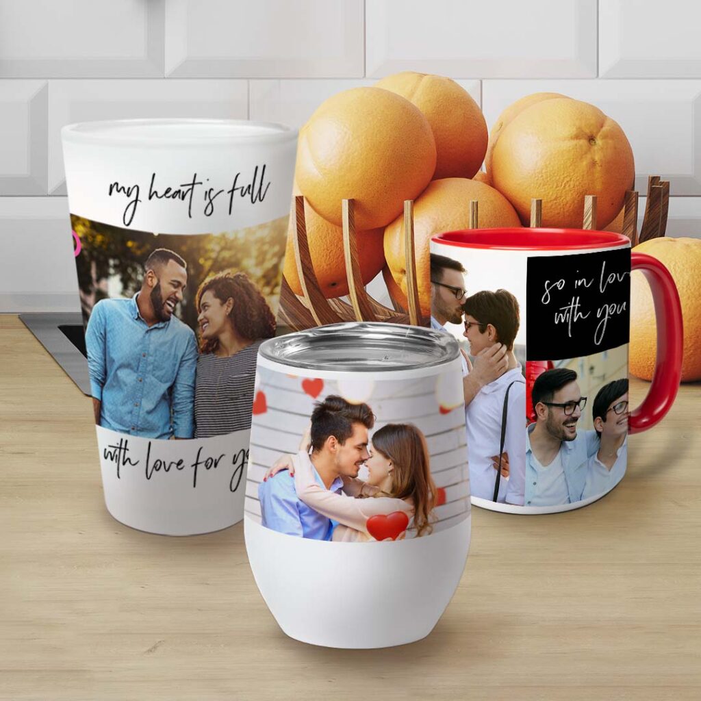 Range of wine mug, pint glass, and red colored mug on counter top, printed with Valentines Designs