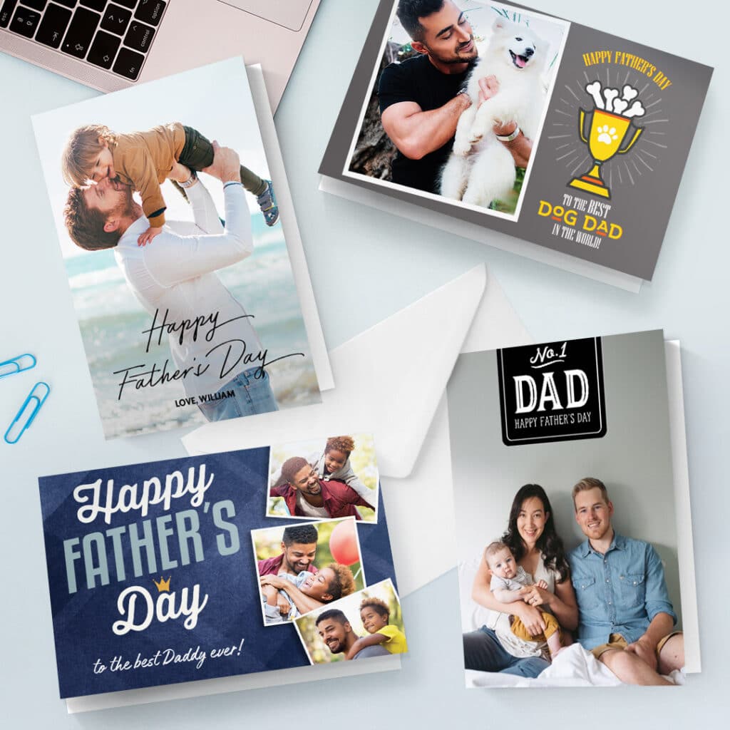 Custom Father's Day cards displayed on a table