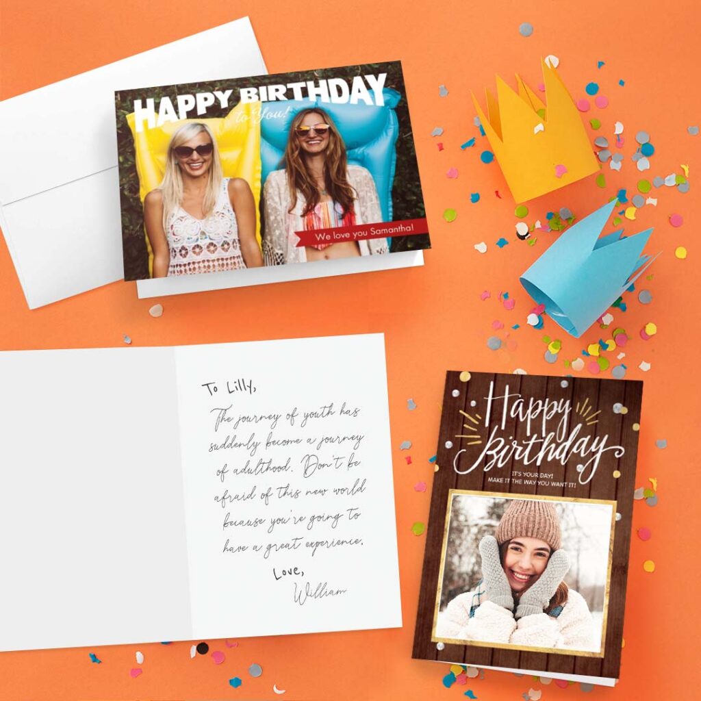 Open and closed birthday cards on orange confetti background