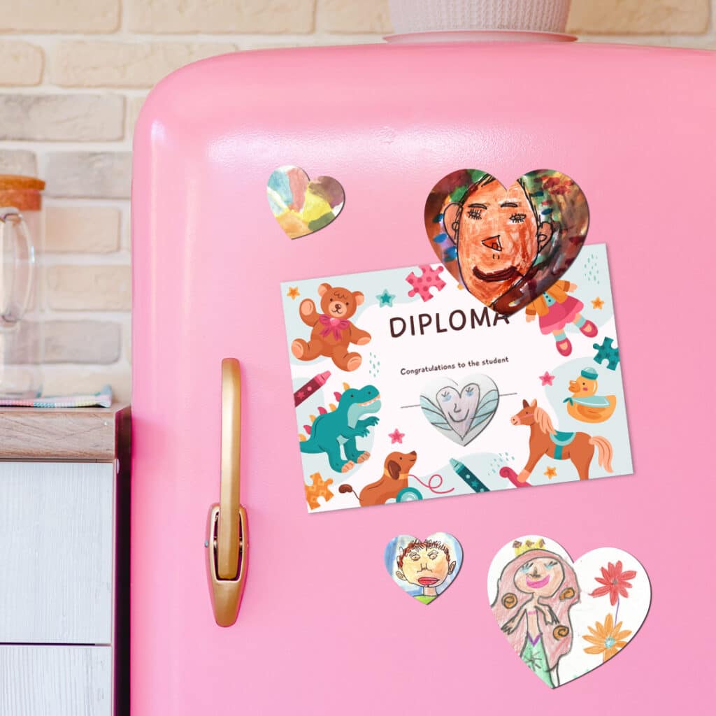Turn scans or photos of your child's drawings and paintings into magnets for a fridge 'family art gallery'