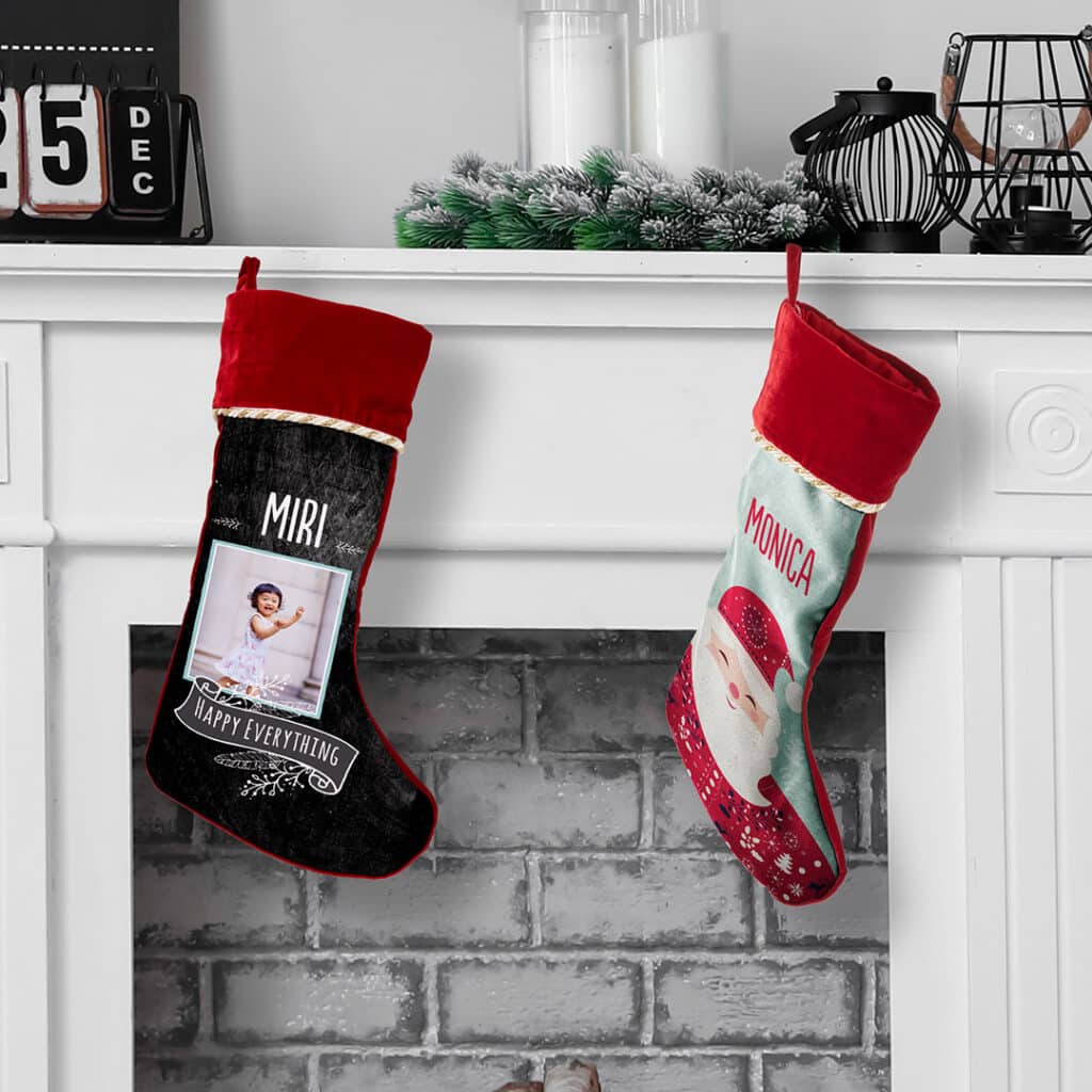 Christmas Stocking Ornaments hanging above chimney