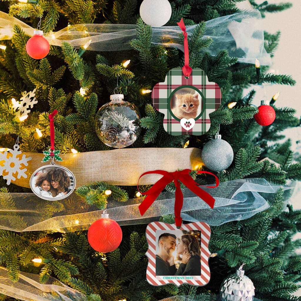 Metal Ornaments hanging on a tree