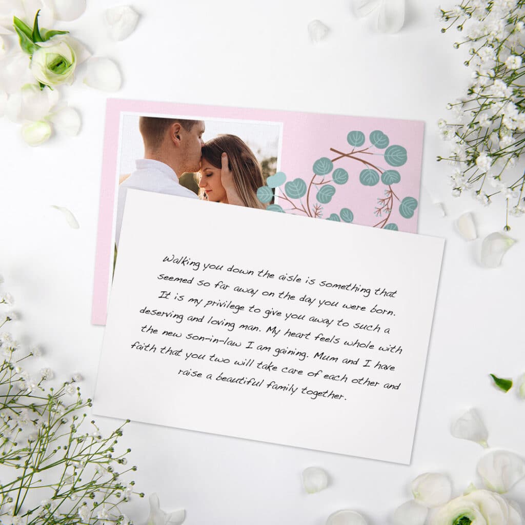 front and back of wedding card with message for a daughter or son
