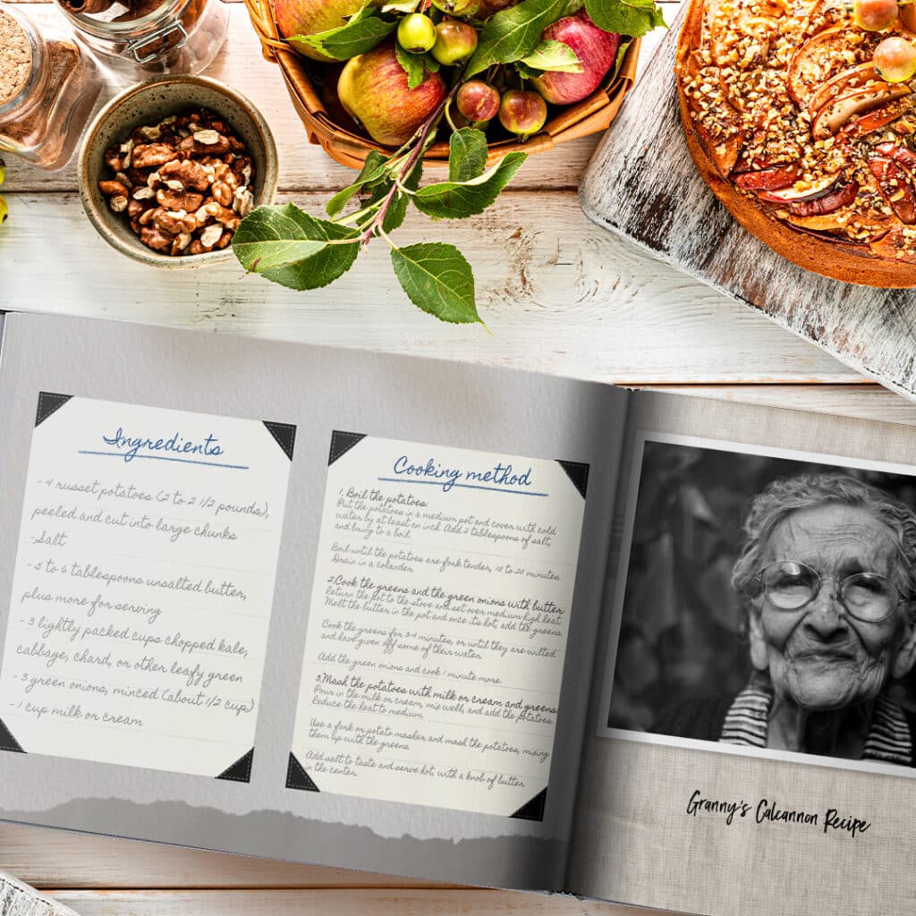 A photobook of Granny's recipes on a Kitchen table