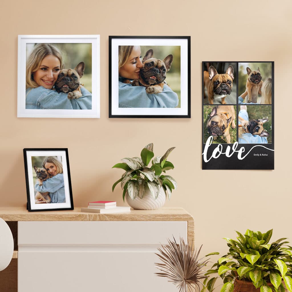 Framed prints and poster displayed on a wall 