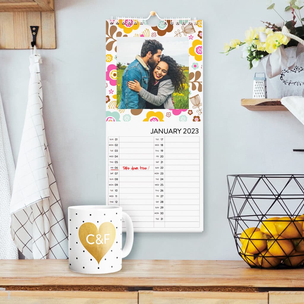 Kitchen Calendar with a personalised mug in a kitchen
